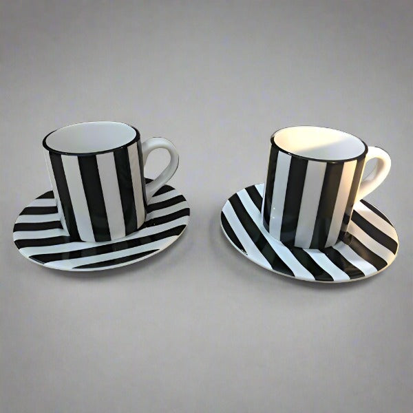 Black & White Stripe Tea Cup And Saucer Plate Set of Two