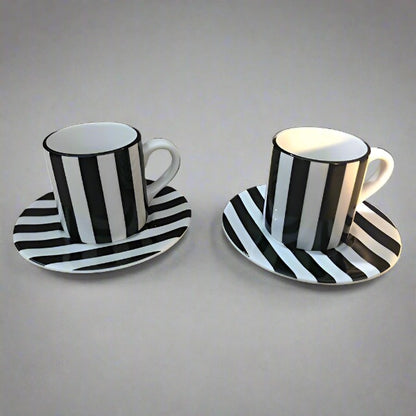 Black & White Stripe Tea Cup And Saucer Plate Set of Two