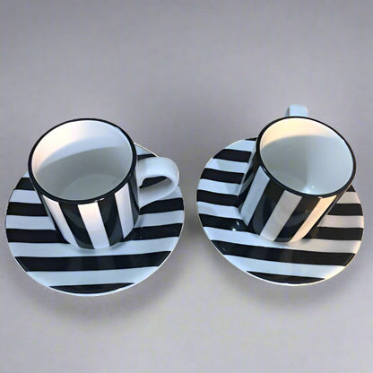 Black & White Stripe Tea Cup And Saucer Plate Set of Two