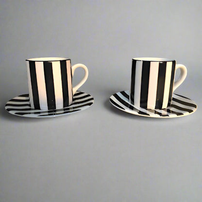 Black & White Stripe Tea Cup And Saucer Plate Set of Two