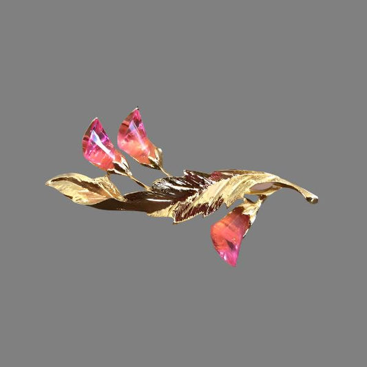 Gold Tone Leaf with Pink Rosebuds Brooch