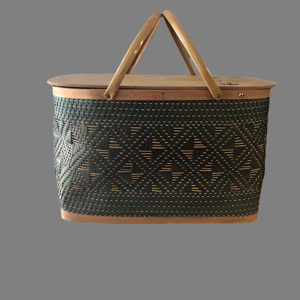 Mid-Century Modern Green and Brown Woven Picnic Basket with Handles