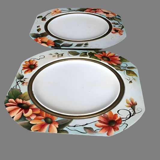 Vintage Wooden Hand Painted Floral Plates- Set of Two