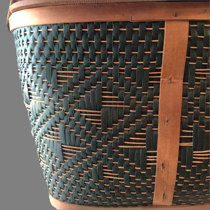 Mid-Century Modern Green and Brown Woven Picnic Basket with Handles